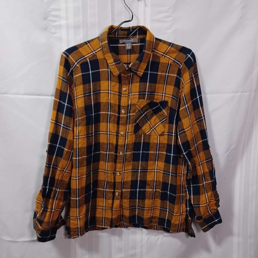 Primark Button Down Shirt Womens 10 Yellow Navy Blue Plaid Long Sleeve Flannel